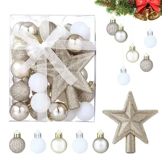 Moncolis 30 Stück 3cm Weihnachtskugeln mit Stern Mini Christbaumkugeln Weihnachtsbaumkugeln Plastik Glitzer Gold Weiß Weihnachtsbaumschmuck Deko