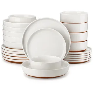 MALACASA Serie TARA, 24-tlg Teller Set Steingut, Geschirrset 6 Personen | Tafelservice mit Reaktivglasur, Geschirr mit je 6 Speisetellern, Desserttellern, Suppentellern & Müslischalen, weiß-Braun
