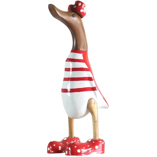 ART-CRAFT Holz Ente Lauf Ente Gartendeko Figur aus Bambus Wurzel und Teak Holz Geringelt rot handbemalt 25cm hoch