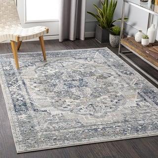 Surya Ascot Vintage Teppich groß - Orientalischer Teppich Wohnzimmer 200x275 cm, Esszimmer, Schlafzimmer - Boho Teppich, Kurzflor Teppich für einfache Pflege - Muster Teppich in Grau und Blau