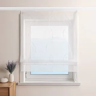 ESLIR Raffrollo Weiß Raffgardine mit Klettband Gardinen Küche Transparent Bändchenrollo Voile Bestickt mit Wellen Muster Weiß BxH 100x140cm 1 Stück