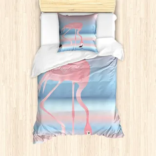 ABAKUHAUS Flamingo Mantele, Vögel in Love See, Milbensicher Allergiker geeignet mit Kissenbezügen, 135 cm x 200 cm - 80 x 80 cm, Pink Blau - Blau