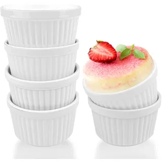 Comzantor 6 Stück Dessertschalen, Creme Brulee Schälchen, Souffle Förmchen, Puddingform Backofenfest, Kleine Backform Keramik, Ragout Fin Schalen, Lava Cake Schalen Keramik für Ofenfest, Weiß