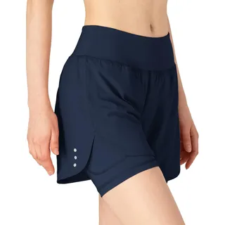 donhobo Damen 2 in 1 Kurze Hose Schnelltrocknende Laufshorts Fitness Joggen und Training Sporthose für Yoga Sport Gym Running (Navy, L)