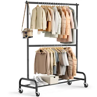 MISSLO Schwerlast Kleiderständer auf Rollen Kleiderstange Doppelt Metall für Hängende Fahrbarer Klamotten Ständer Closet Garderobe Rack, Einstellbar, Schwarz