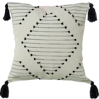 DRW Quadratisches Kissen aus Baumwolle mit Quasten und Reißverschluss in Schwarz und Weiß, 45 x 10 x 45 cm