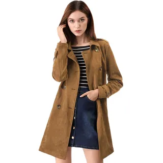 Allegra K Damen Trenchcoat Langarm Zweireiher Faux Wildleder Mantel Wintermantel Braun XS