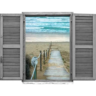 queence Wandtattoo »Steg zum Meer«, (1 St.), Wandsticker, Wandbild, selbstklebend, 3D, Fenster, beige