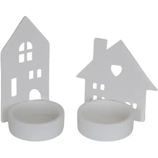 2er Set Teelichthalter Häuser aus Porzellan weiß 9 cm – Skandi-Deko & Weihnachtsdeko, Windlichter Hausform für Winter & Ganzjahresdeko – Logbuch-Verlag