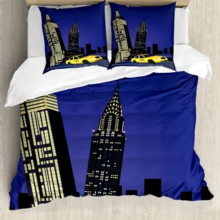 ABAKUHAUS Stadt Bettbezug, Taxi in New York amerikanisch, Milbensicher Allergiker geeignet mit Kissenbezügen, 200 cm x 200 cm - 80 x 80 cm, Violett Blau Gelb Schwarz - Blau
