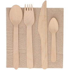 5-teiliges Set aus Holz: Löffel, Gabel, Messer, Löffel und Serviette - Kraft