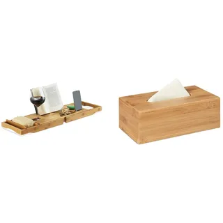 Relaxdays Badewannenablage Bambus, mit Buchstütze und Glashalter, 19x107,5x23cm, Natur & Kosmetiktuchbox, aus Bambus, Box für Kosmetik- & Taschentücher, Tücherbox nachfüllbar, Taschentuchbox, Natur