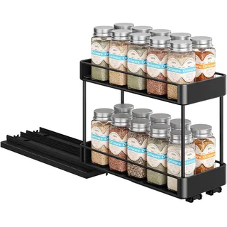 OriwarE Gewürzregal Ausziehbar, 1 Stück, 26.29 cm x 11.43 cm x 21.34 cm, Küchen Organizer, Einfache Installation, Metall, 2 Etagen, Schwarz
