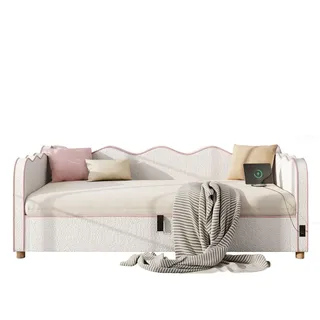 Flieks Tagesbett 90×200 Cm, USB-Anschlüssen & Type-C,Polster-Tagesbett,Bouclé, Beige , Holz , 90x200 cm , Schlafzimmer, Betten