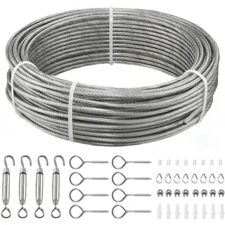 Vevor Edelstahldrahtseil φ3,2 mm 30,5 m Länge, Drahtseil aus Edelstahl 304 mit einer Bruchlast von 2,94 kN, 7x7 Litzen Stahldraht, Geländerseil für Terrassengeländer, Gartenspaliere
