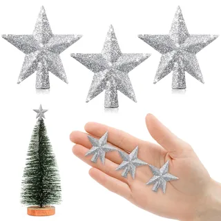 6 cm Stern für Weihnachtsbaum, Mini-Weihnachtsbaumspitze, Mini-Sterne zur Dekoration des kleinen Weihnachtsbaums (4,5 cm Glitzer: Silber)