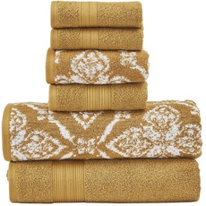 Modern Threads Amaris 6-teiliges Wendegarn-gefärbtes Jacquard-Handtuch-Set – Badetücher, Handtücher & Waschlappen – super saugfähig & schnell trocknend – 100% gekämmte Baumwolle, Gold