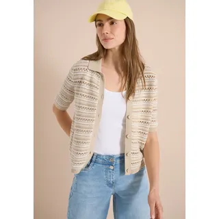 Strickjacke CECIL, Damen, Gr. S (38), beige (grain beige), Strick, Obermaterial: 100% Baumwolle, gestreift, normal hüftbedeckend, Rundhals, Bündchen, Strickjacken Strickjacke, Kurzarm Cardigan mit Polokragen