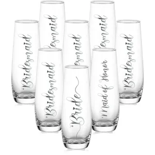 NUPTIO Sektgläser Becher Geschenk Hochzeit: Satz von 8 Gravur Gläser Bride Bridesmaid Trauzeugin Champagner Prosecco Glasses Silber Tumbler Party Champagnerglas Sektflöten Gift Stemless