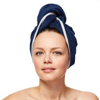 Sowel® Haarturban aus 100% Bio-Baumwolle, Turban Handtuch mit Knopf, Damen und Herren, Navy/Grau