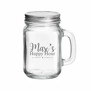 Personalisiertes Trinkglas mit Gravur, Henkelglas mit Deckel 450 ml, Glas mit Name für Eiskaffee, Geschenk für Freundin Mama (Happy Hour)