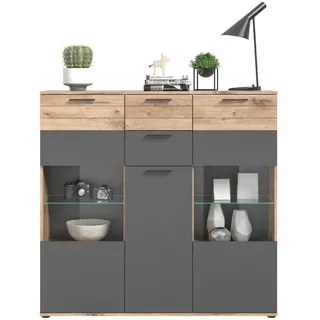 Inn.Furn Highboard Eiche, grau 140 x 134 cm, Schrank mit Soft-Close, Wohn- und Esszimmermöbel , Eichefarben, Grau , Kunststoff , Nachbildung,Eiche , Uni, Holz Optik , 8 Fächer , 2 Schubladen , Rechteckig , 140x134x37 cm , FSC Mix , Kleinmöbel, Kommoden, Highboards