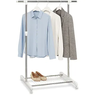 Relaxdays Kleiderständer rollbar, Garderobenständer mit Ablage, verstellbare Höhe 97-165cm, Breite 92-160cm, Silber/weiß
