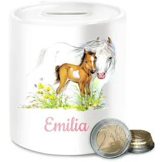Spardose - Pferd und Fohlen mit Name personalisiert I Geschenk Pferde Mädchen I Pferdeliebhaber - Unisize - Weiß - sparbüchse Geschenke für reiterinnen pferden pferdemotiv spardosen