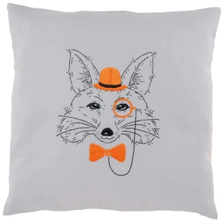 Vervaco Stickkissen mit Kissenrücken Fuchs mit Melone, Baumwolle, weiß, 40 x 40 x 0,3 cm