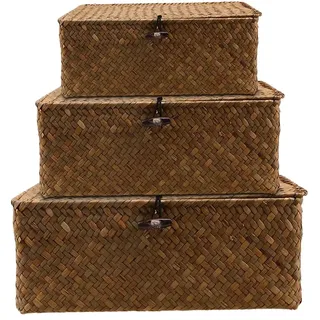 3 Stück Aufbewahrungskorb mit Deckel, Rattan Aufbewahrung Korb, Natürliches Seegras Geflochtener Regalkörbe, Multifunktionale Aufbewahrungsbox (B)
