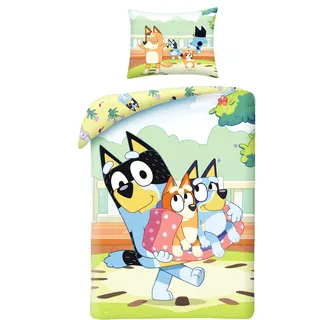 Halantex Bettwäsche Bluey aus 100% Baumwolle, Grün, wendbarer Bettbezug 140 x 200 cm + Kissenbezug, mit Bluey, Bingo und Bandit
