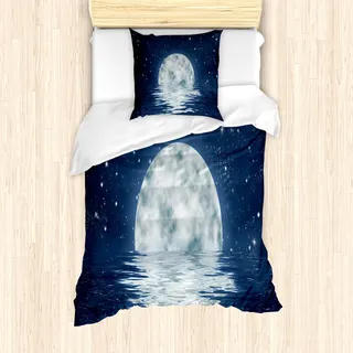 ABAKUHAUS Mond Mantele, Mond-Einstellung über Meer, Milbensicher Allergiker geeignet mit Kissenbezügen, 135 cm x 200 cm - 80 x 80 cm, Nachtblau Weiß - Weiß