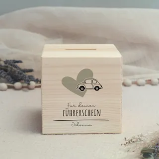 hellomini Personalisierte Spardose aus Holz mit Namen – Geschenk zum Führerschein – Gravierte Holzbox als Geldgeschenk für den Weg zum ersten Auto - Auto Führerschein