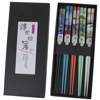 lachineuse - Set japanische Essstäbchen Mount Fuji – 5 Paar bunte Zenlandschaften – Hokusai Welle – Chopsticks – Sushi, Ramen, Nudeln & Reis – Geschenk asiatische chinesische Küche