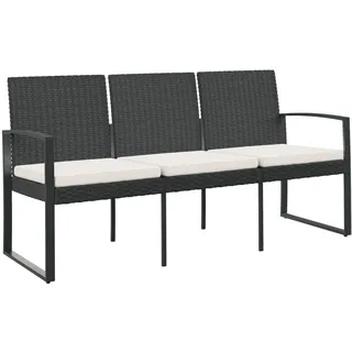 vidaXL Gartenbank, Sitzbank 3-Sitzer mit Kissen, Bank mit Armlehnen Rückenlehne, Gartenmöbel Parkbank Stahlrahmen, Schwarz PP-Rattan