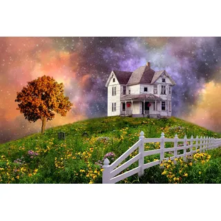 Papermoon Fototapete »SURREAL-FANTASY WOLKEN STERNE HIMMEL BLUMEN LANDSCHAFT«, bunt