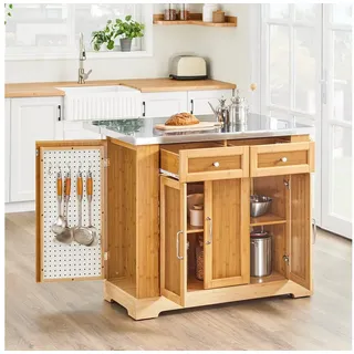 SoBuy Kücheninsel auf Rollen Servierwagen Küchenwagen mit ausziehbarer Arbeitsplatte Rollwagen mit Schubladen Barwagen für Küche FrühstücksbarFKW130-N - Naturbelassen