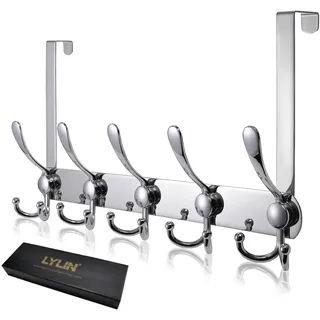 LYLIN Türhaken Edelstahl, Türgarderobe mit 15 Haken, Kleiderhaken Tür Ohne Bohren, Garderobenhaken tür für Küche, Badezimmer, Flur und Schlafzimmer (Silber, Türfalzstärken bis 2cm)