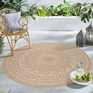 Carpetsale24 Runder Outdoor Teppich Wetterfest Küchen Teppich Wasserfest Flachgewebe Sisal Optik Vintage für Balkon Terrasse Wohnzimmer 160 cm Rund - Beige