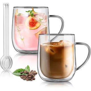 Joeyan 450ML Doppelwandige Kaffeegläser mit griff, Transparent Schwebeeffekt Thermogläser, Doppelwandig Teebecher mit henkel,2er Set Latte Macchiato Gläser, Groß Borosilikatglas Cappuccino Tassen