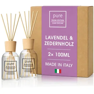 PURE ROOM EDITION 2X 100ml Lavendel & Zedernholz Raumduft | natürliche Inhaltsstoffe, vegan & tierversuchsfrei, Bio-Alkohol, Diffuser mit Stäbchen hergestellt in Italien