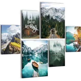 Novart Wandbilder Set AUFHÄNGFERTIG Natur Berge See Landschaft - Modern Deko Blau Grün - Wohnzimmer Schlafzimmer Flur N028363a