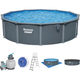 Bestway® HydriumTM Stahlwandpool Komplett-Set mit Sandfilteranlage Ø 549 x 132 cm, Holz-Optik (Grau), rund - Grau