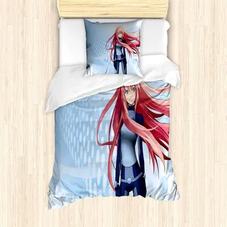 ABAKUHAUS Anime Bettbezug Set, Futuristischer Manga-Mädchen-Zukunftsroman-Gekritzel-Effekt-japanischer Art-Digital-Kunstdruck, 135 x 200 cm + 80 x 80 cm, Hellblau - Hellblau