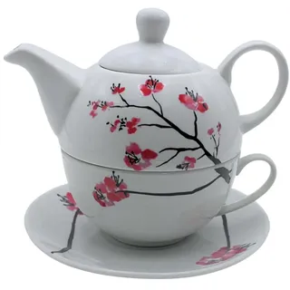 Porzellankanne, Tea for one Set, Servierkanne für Tee, Teekanne, Teeservice, Teetasse mit Teekanne, Teekannen-Set Kirschblüte mit Teetasse aus Porzellan in Weiß und Rosa, L/B/H 15 x 15 x 16 cm.