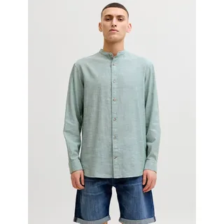 Langarmhemd JACK & JONES "JJESUMMER LINEN BLEND BAND SHIRT L/S SN", Herren, Gr. L, N-Gr, granite grün, Web, Obermaterial: 70% Baumwolle, 30% Leinen, unifarben, regular fit normal, 1-Knopf-Manschette, Hemden Langarmhemd, Baumwollmischung, regular fit