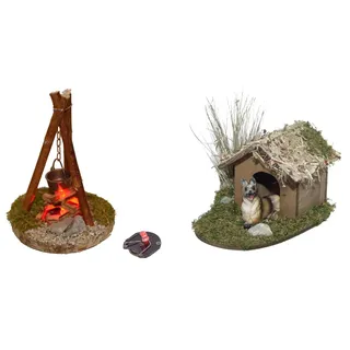 Alfred Kolbe Krippen-Zubehör Lagerfeuer mit Flackerplatine, für 10-13 cm Figuren, Hundehütte, Hund, bunt