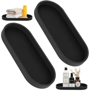 2 Stück Dekotablett Deko Tablett, Badezimmer Tablett Schwarz Silikon Ablageschale, für Badewanne Küchen Toilette Schminktisch Kosmetisch Kerzen Tabletts (Oval, 24,8 x 11 x 2cm)