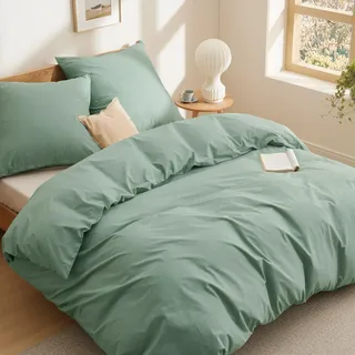 BEDSURE Bettwäsche 200x200 Baumwolle Grün - Bettwäsche-Sets 200 x 200 cm Bettbezug 3teilig mit 2 Kissenbezüge 80x80 cm, Oeko-TEX Bedding Salbeigrün mit Reißverschluss