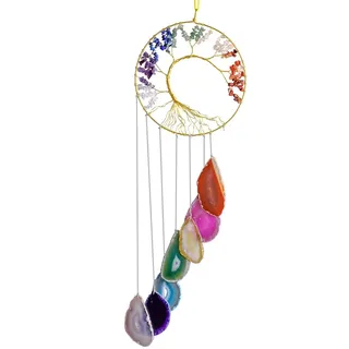 KYEYGWO 7 Chakra Stein Baum des Lebens Hängen Deko, Heilung Kristall Wand Hängende Ornament Achat Scheiben Traumfänger Handgemacht Hängedeko Edelstein Fenster Dekoration, Bunt